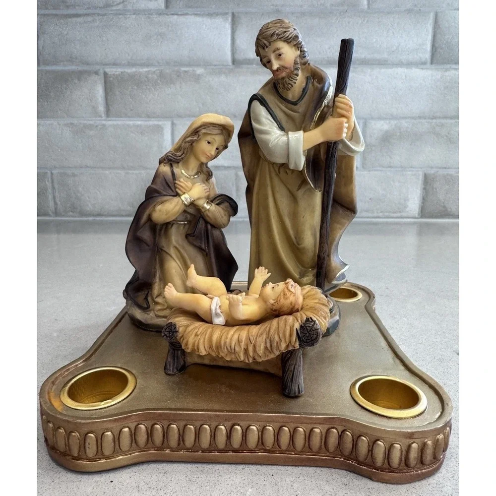 Holy Family Nativity Scene with 3 Figures and Candle Holders Gold Tone Base